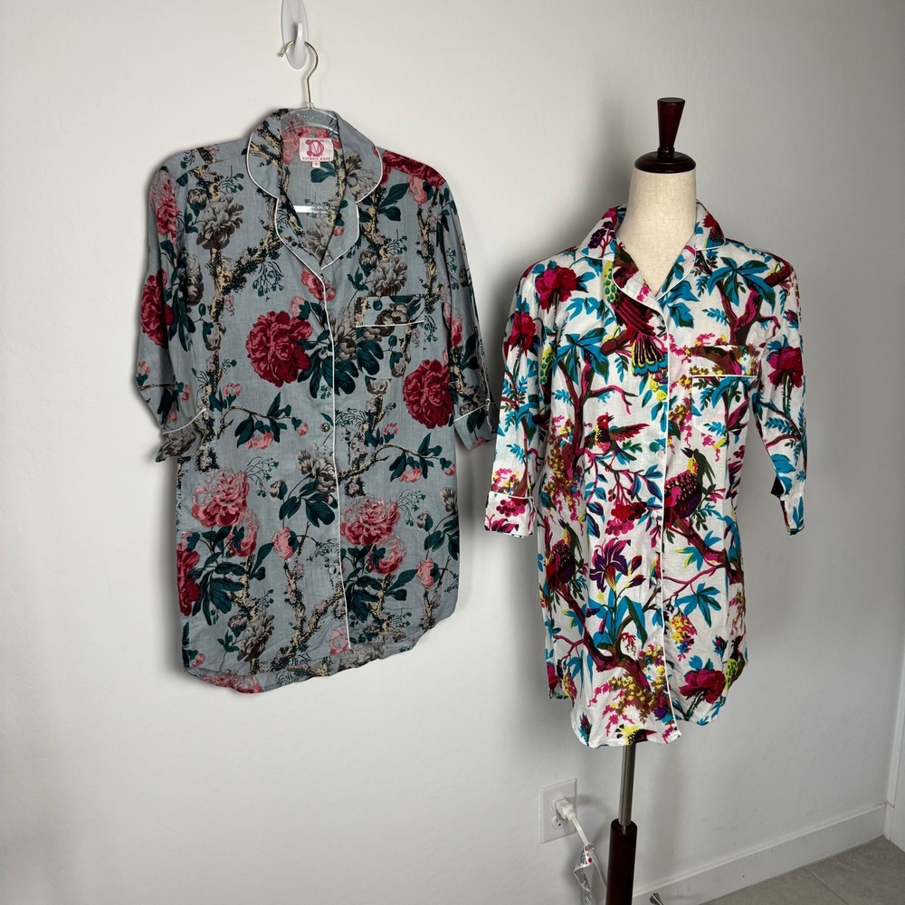 Lot of 2 Victoria Dunn Women's Cotton Sleep Shirt Tropical Floral Print S